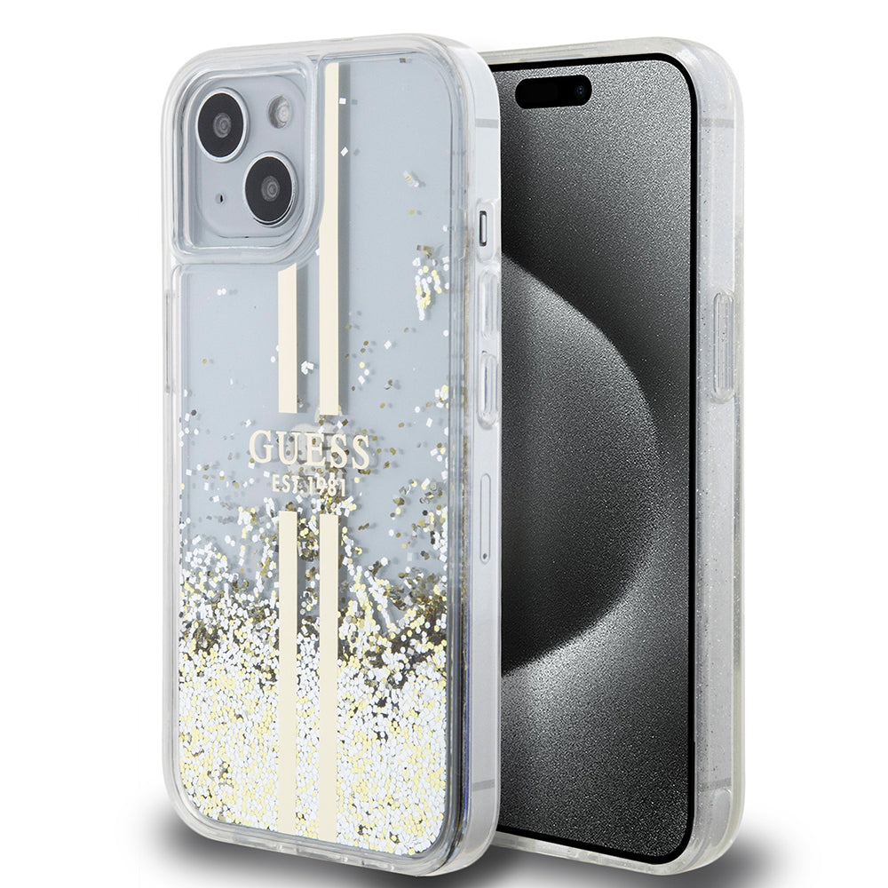 Ovitek za Apple iPhone 15, Guess, Liquid Glitter Gold Stripes, Prozoren