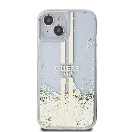 Ovitek za Apple iPhone 15, Guess, Liquid Glitter Gold Stripes, Prozoren