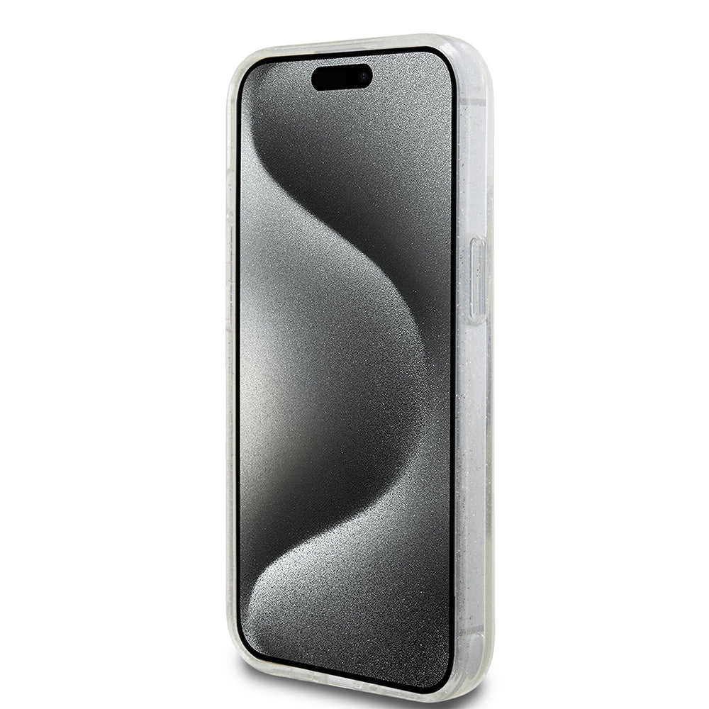 Ovitek za Apple iPhone 15, Guess, Liquid Glitter Gold Stripes, Prozoren