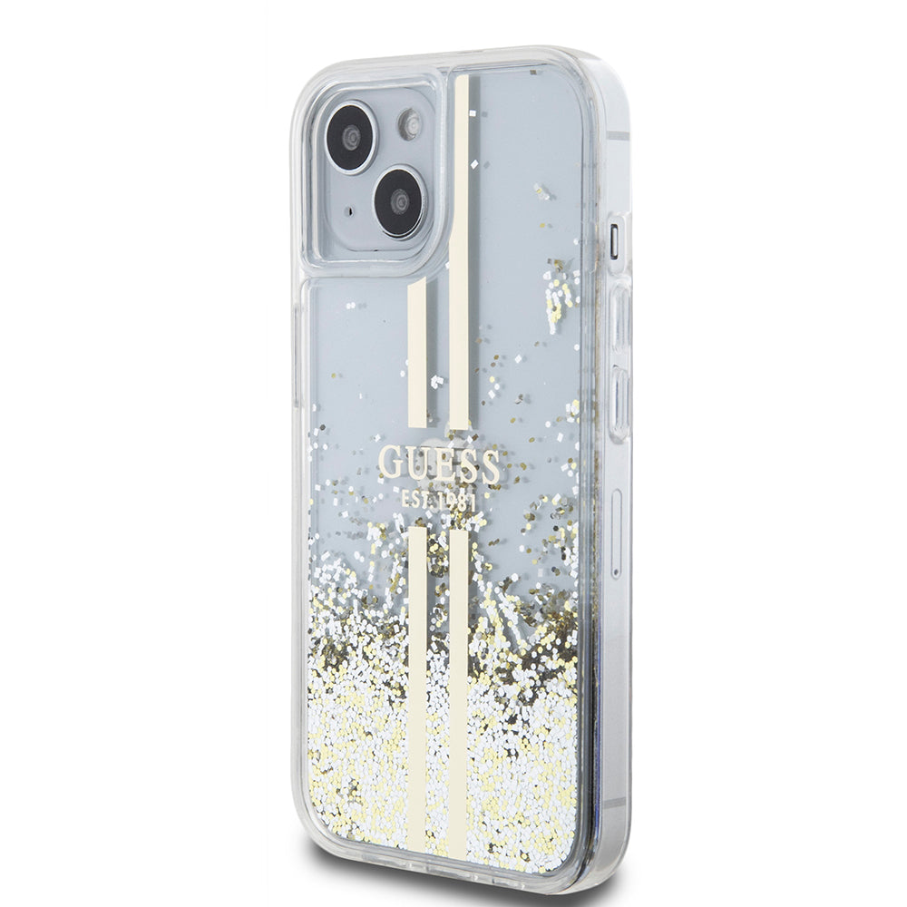 Ovitek za Apple iPhone 15, Guess, Liquid Glitter Gold Stripes, Prozoren