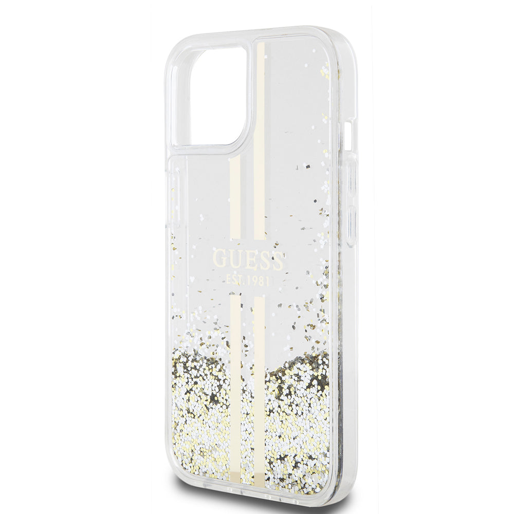Ovitek za Apple iPhone 15, Guess, Liquid Glitter Gold Stripes, Prozoren