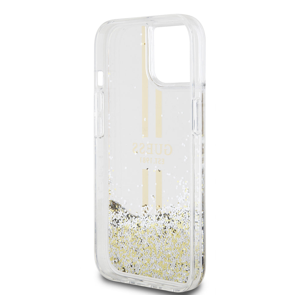Ovitek za Apple iPhone 15, Guess, Liquid Glitter Gold Stripes, Prozoren