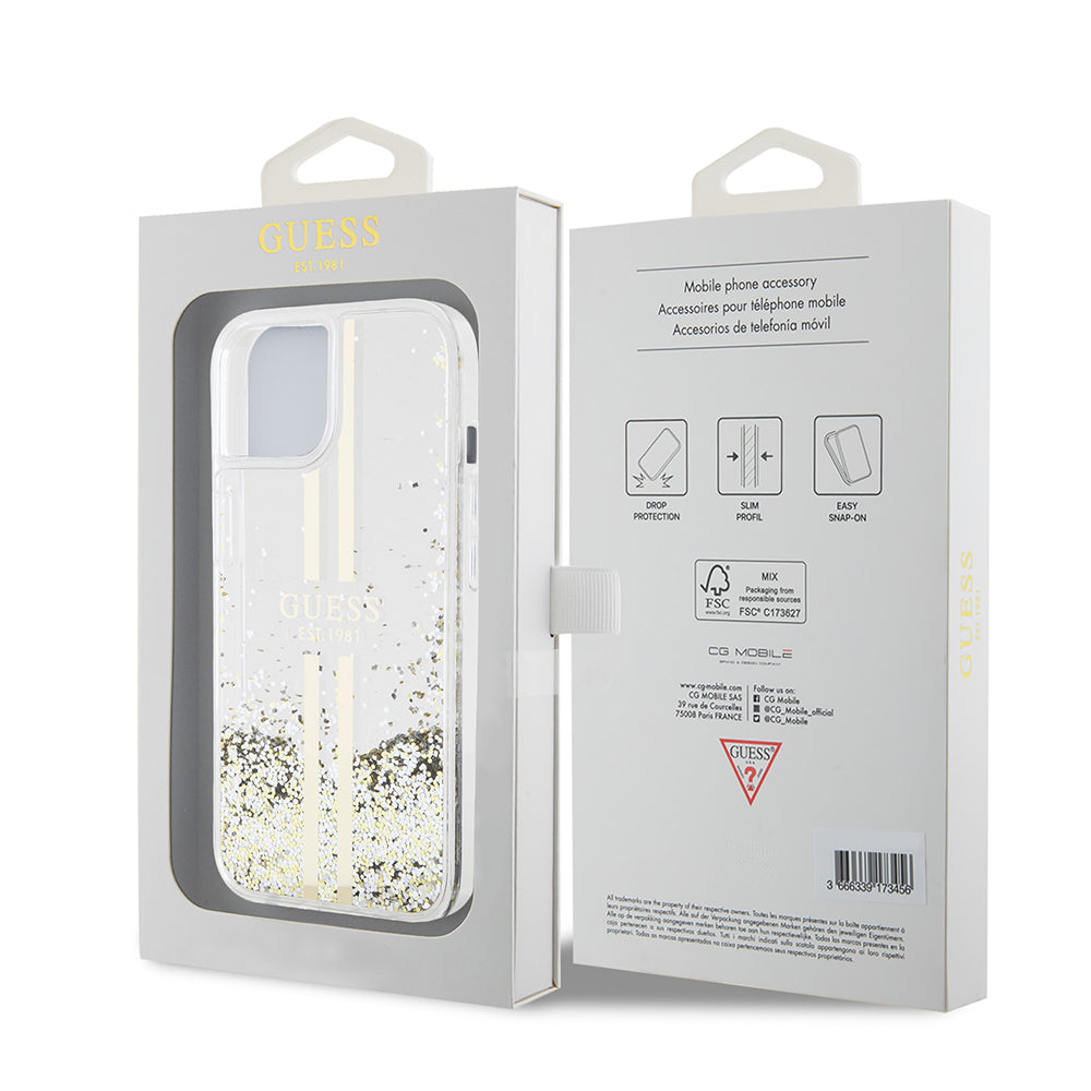 Ovitek za Apple iPhone 15, Guess, Liquid Glitter Gold Stripes, Prozoren