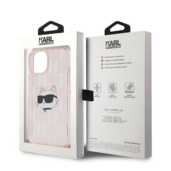 Ovitek za Apple iPhone 15, Karl Lagerfeld, IML Luxury Monogram Choupette's Head, Roza