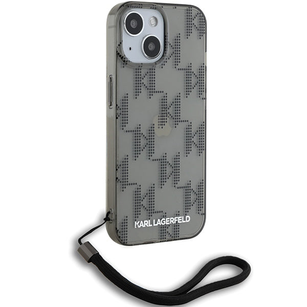 Ovitek za Apple iPhone 15, Karl Lagerfeld, IML Luxury Monogram KL Pattern with Strap, Črna