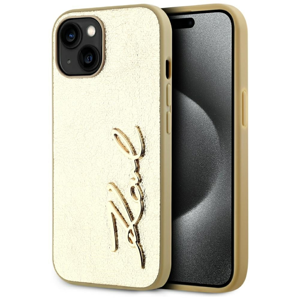 Ovitek za Apple iPhone 15, Karl Lagerfeld, Metal Signature, Zlat