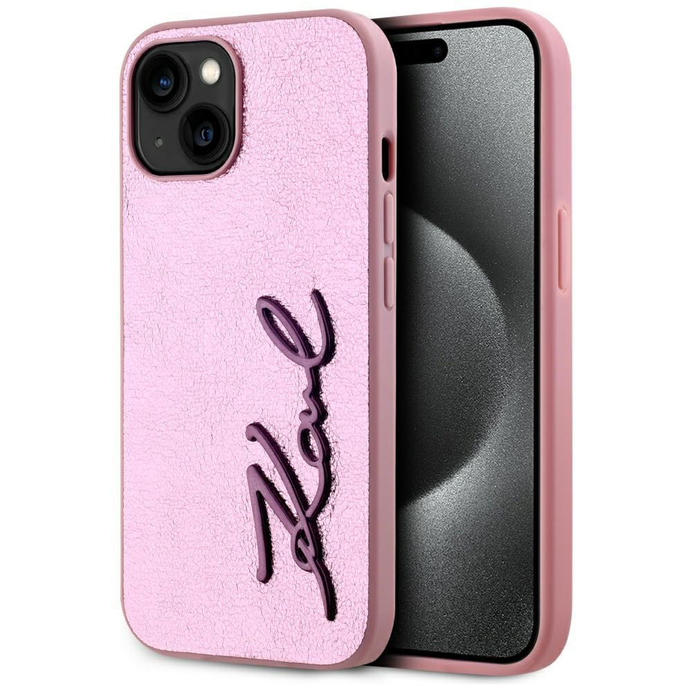 Ovitek za Apple iPhone 15, Karl Lagerfeld, Metal Signature, Roza