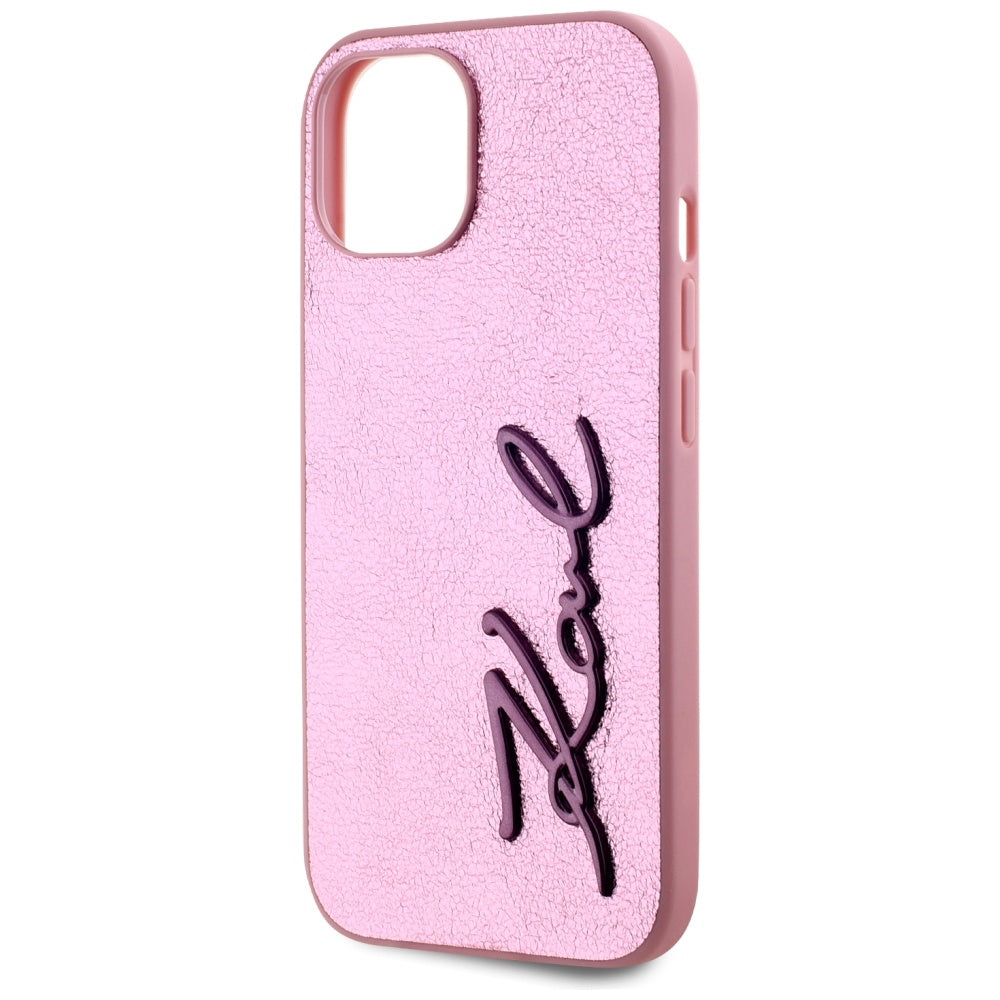 Ovitek za Apple iPhone 15, Karl Lagerfeld, Metal Signature, Roza