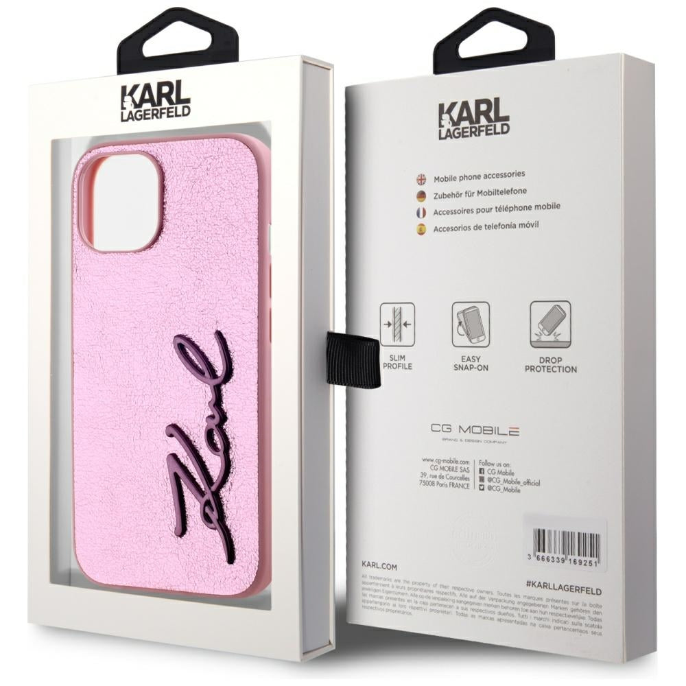 Ovitek za Apple iPhone 15, Karl Lagerfeld, Metal Signature, Roza