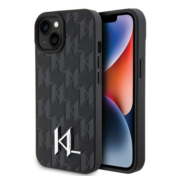 Ovitek za Apple iPhone 15, Karl Lagerfeld, Monogram Hot Stamp Metal Logo, Črna