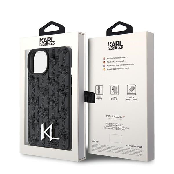 Ovitek za Apple iPhone 15, Karl Lagerfeld, Monogram Hot Stamp Metal Logo, Črna