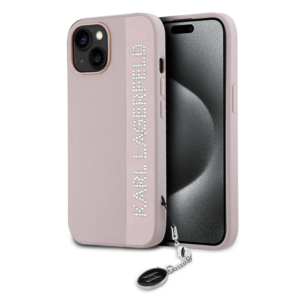 Ovitek za Apple iPhone 15, Karl Lagerfeld, Saffiano Rhinestones & Charm, Roza