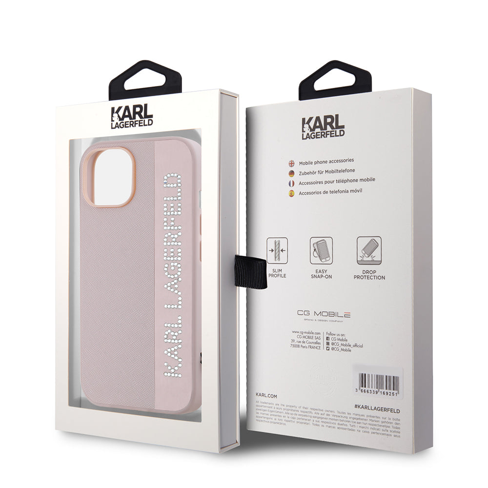 Ovitek za Apple iPhone 15, Karl Lagerfeld, Saffiano Rhinestones & Charm, Roza