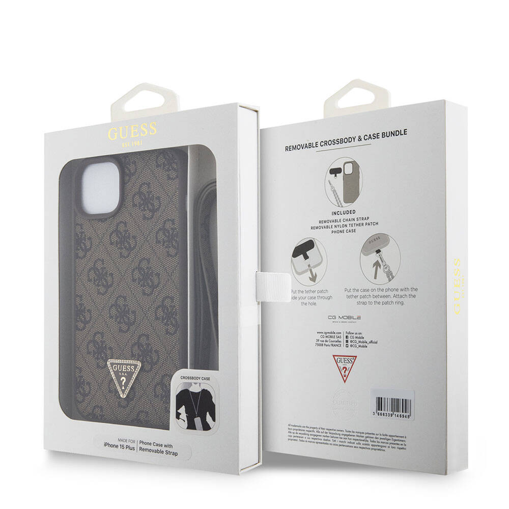 Ovitek za Apple iPhone 15 Plus, Guess, Crossbody 4G Metal Logo, Rjava