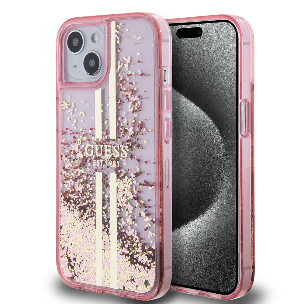 Ovitek za Apple iPhone 15 Plus, Guess, Liquid Glitter Gold Stripes, Roza