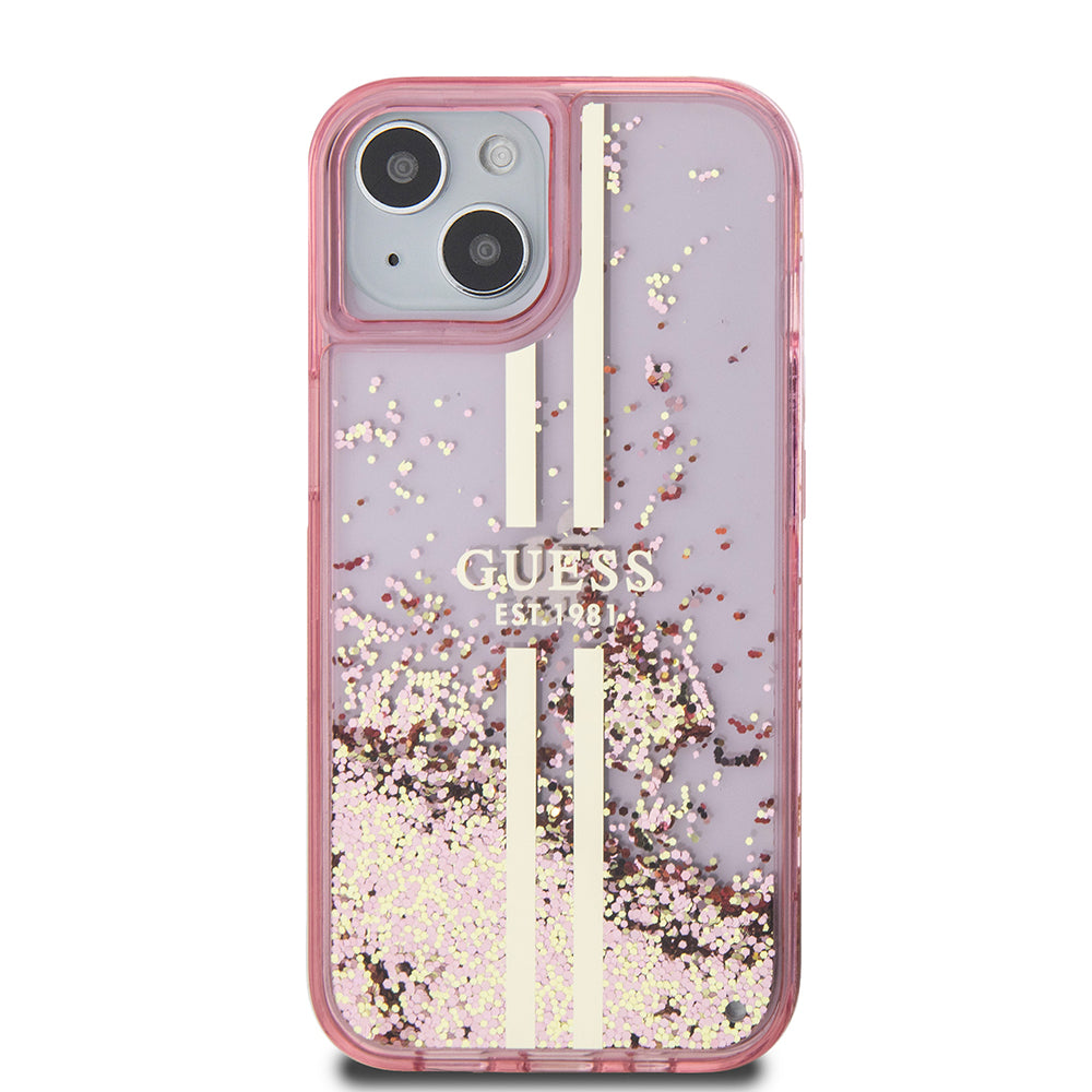 Ovitek za Apple iPhone 15 Plus, Guess, Liquid Glitter Gold Stripes, Roza