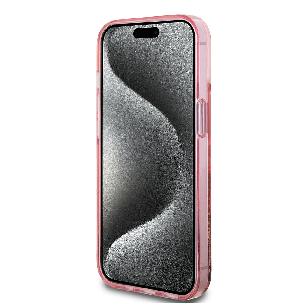 Ovitek za Apple iPhone 15 Plus, Guess, Liquid Glitter Gold Stripes, Roza