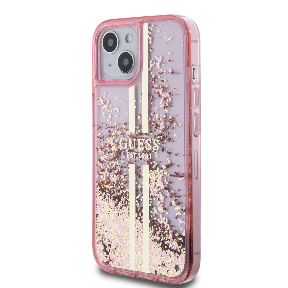 Ovitek za Apple iPhone 15 Plus, Guess, Liquid Glitter Gold Stripes, Roza