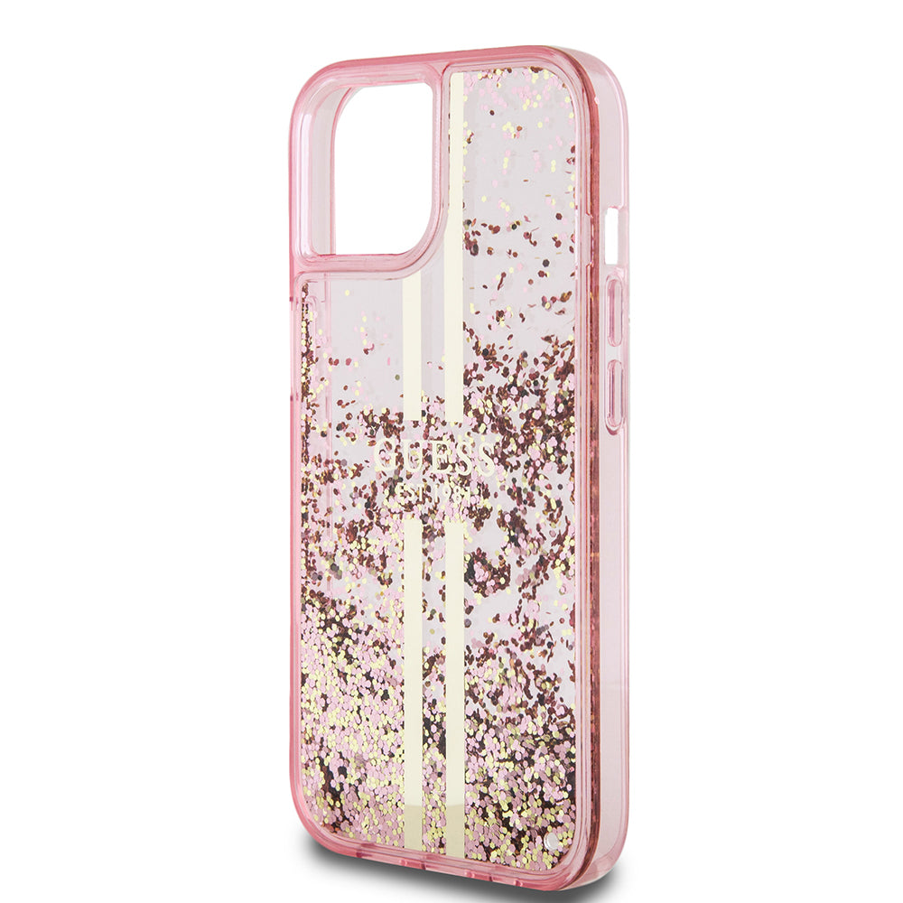 Ovitek za Apple iPhone 15 Plus, Guess, Liquid Glitter Gold Stripes, Roza
