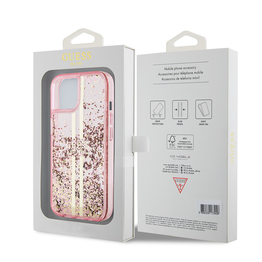 Ovitek za Apple iPhone 15 Plus, Guess, Liquid Glitter Gold Stripes, Roza