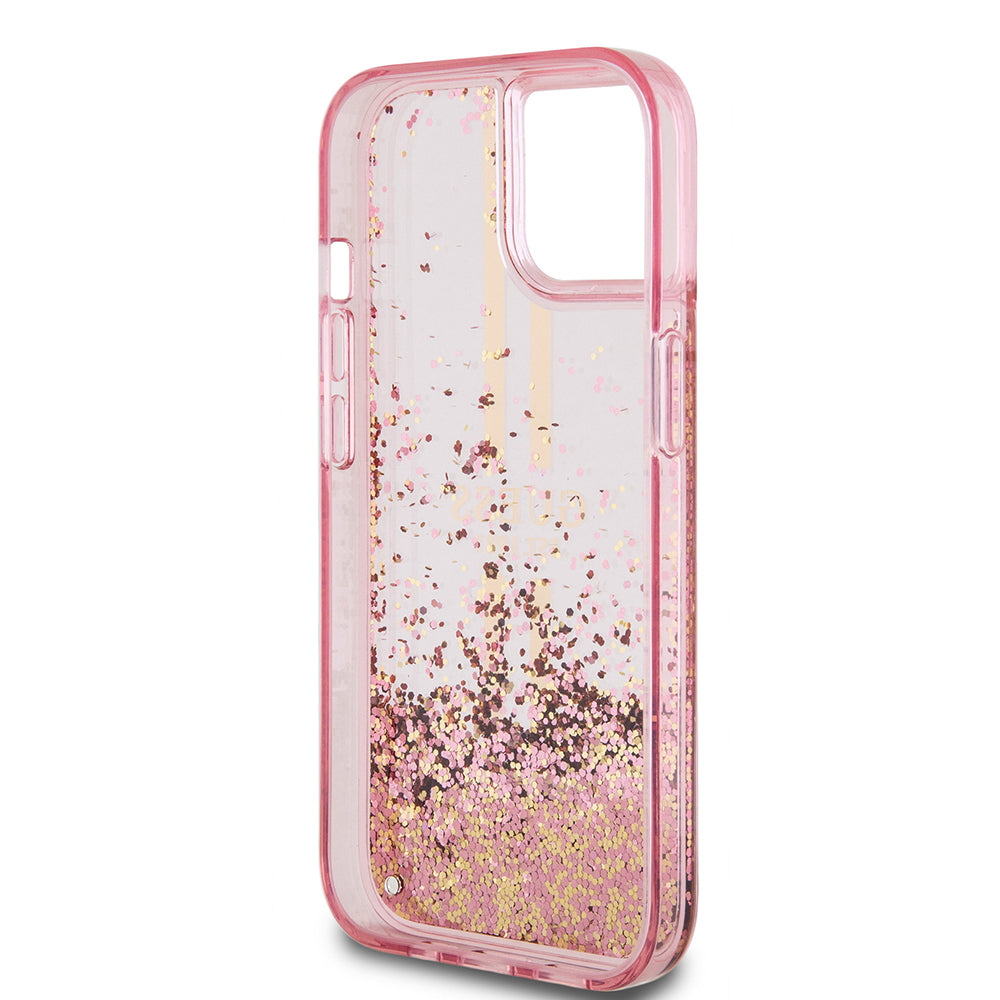 Ovitek za Apple iPhone 15 Plus, Guess, Liquid Glitter Gold Stripes, Roza