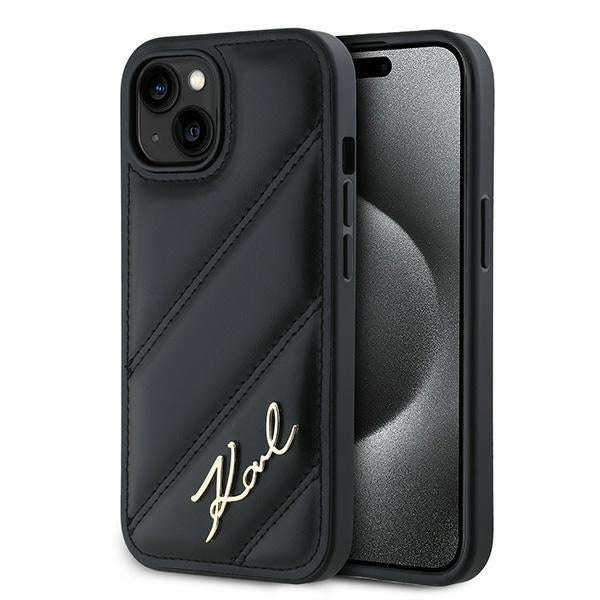 Ovitek za Apple iPhone 15 Plus, Karl Lagerfeld, Diagonal Quilted Script, Črn