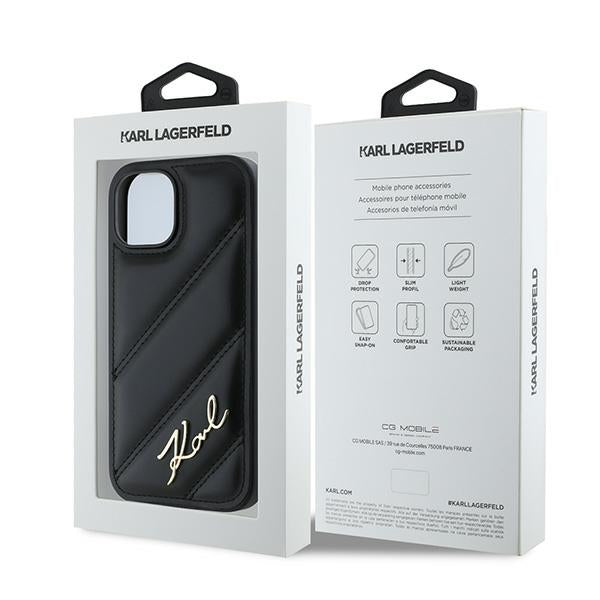 Ovitek za Apple iPhone 15 Plus, Karl Lagerfeld, Diagonal Quilted Script, Črn