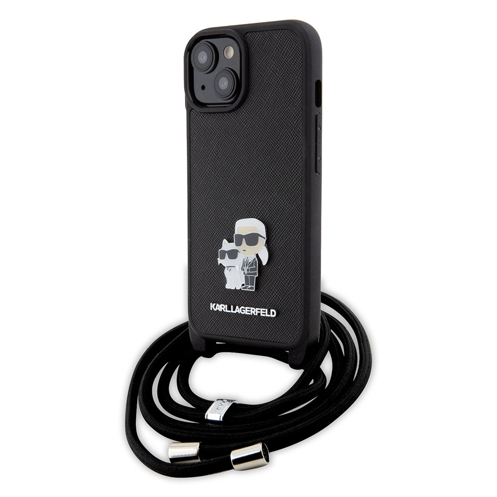 Ovitek za Apple iPhone 15 Plus, Karl Lagerfeld, Saffiano Crossbody Metal Pin Karl & Choupette, Črna