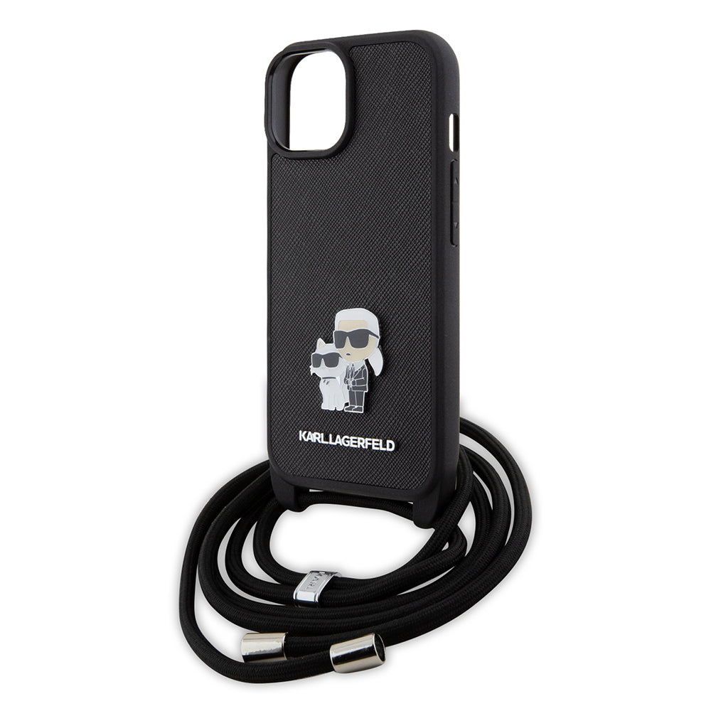 Ovitek za Apple iPhone 15 Plus, Karl Lagerfeld, Saffiano Crossbody Metal Pin Karl & Choupette, Črna