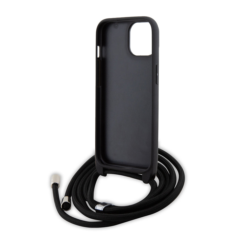 Ovitek za Apple iPhone 15 Plus, Karl Lagerfeld, Saffiano Crossbody Metal Pin Karl & Choupette, Črna