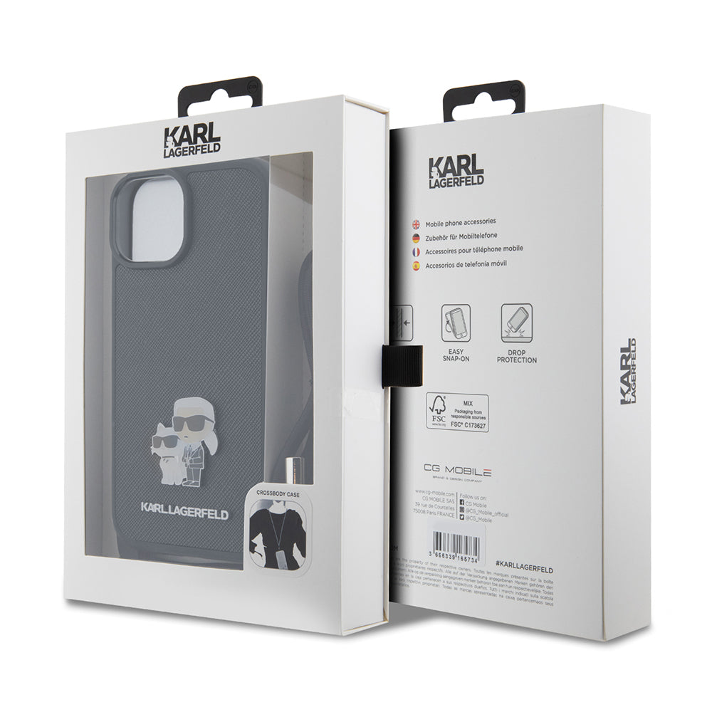 Ovitek za Apple iPhone 15 Plus, Karl Lagerfeld, Saffiano Crossbody Metal Pin Karl & Choupette, Črna