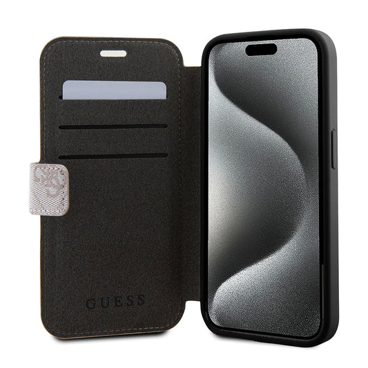 Ovitek za Apple iPhone 15 Pro, Guess, 4G Book, Roza