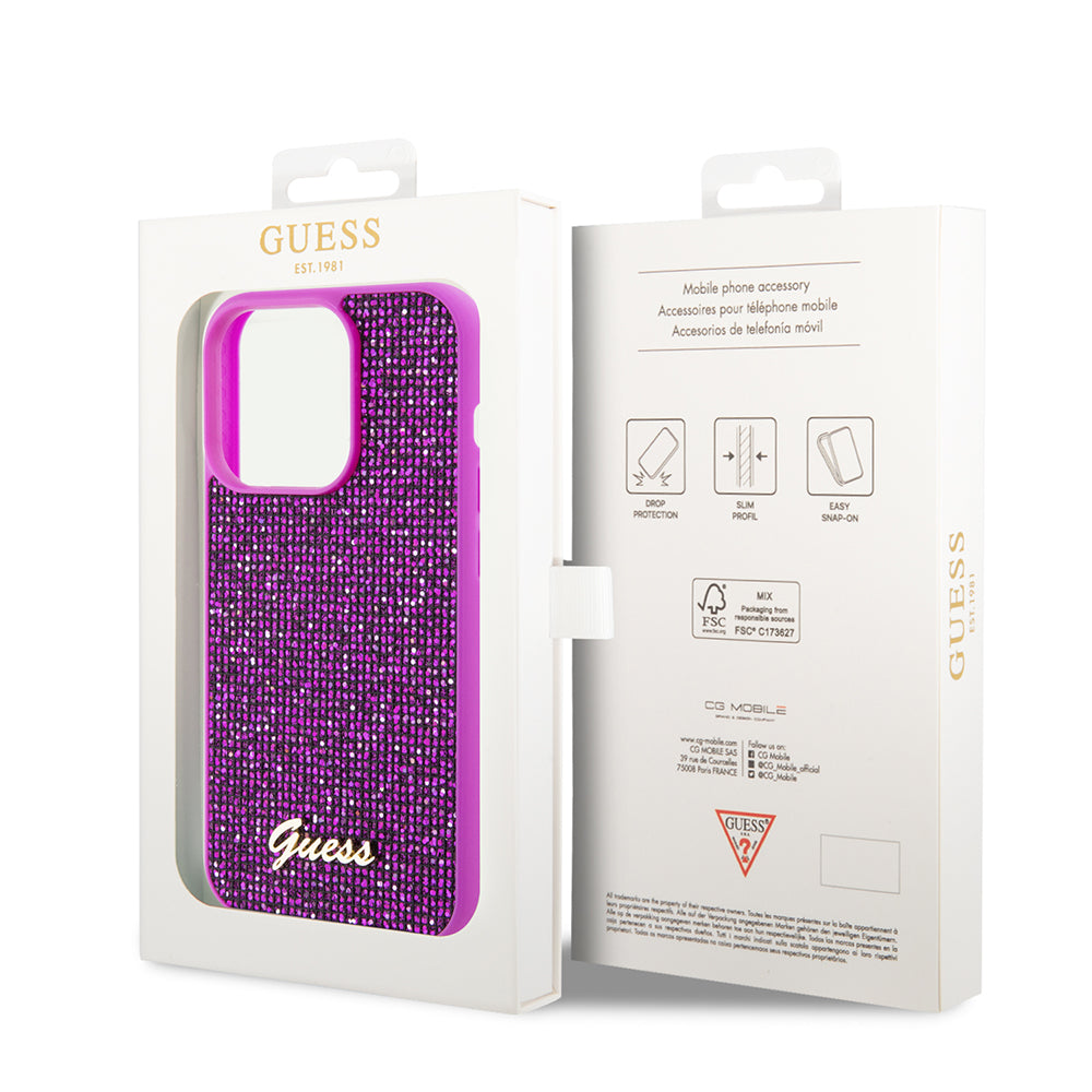 Ovitek za Apple iPhone 15 Pro, Guess, Disco Metal Script, Fuksija