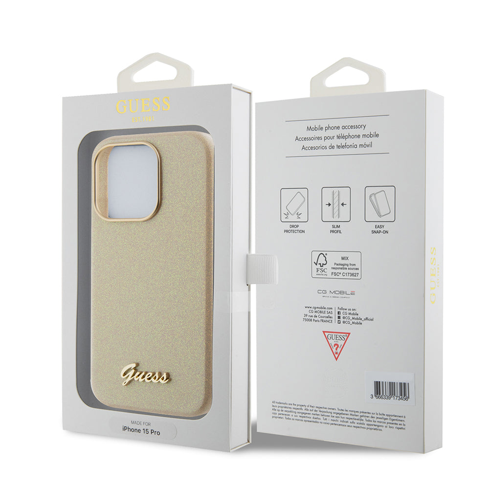 Ovitek za Apple iPhone 15 Pro, Guess, Glitter Glossy Script, Bež