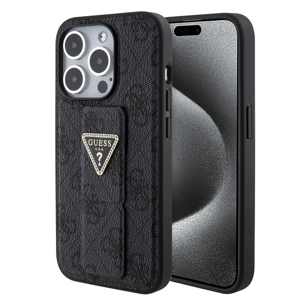 Ovitek za Apple iPhone 15 Pro, Guess, Grip Stand 4G Triangle Strass, črn