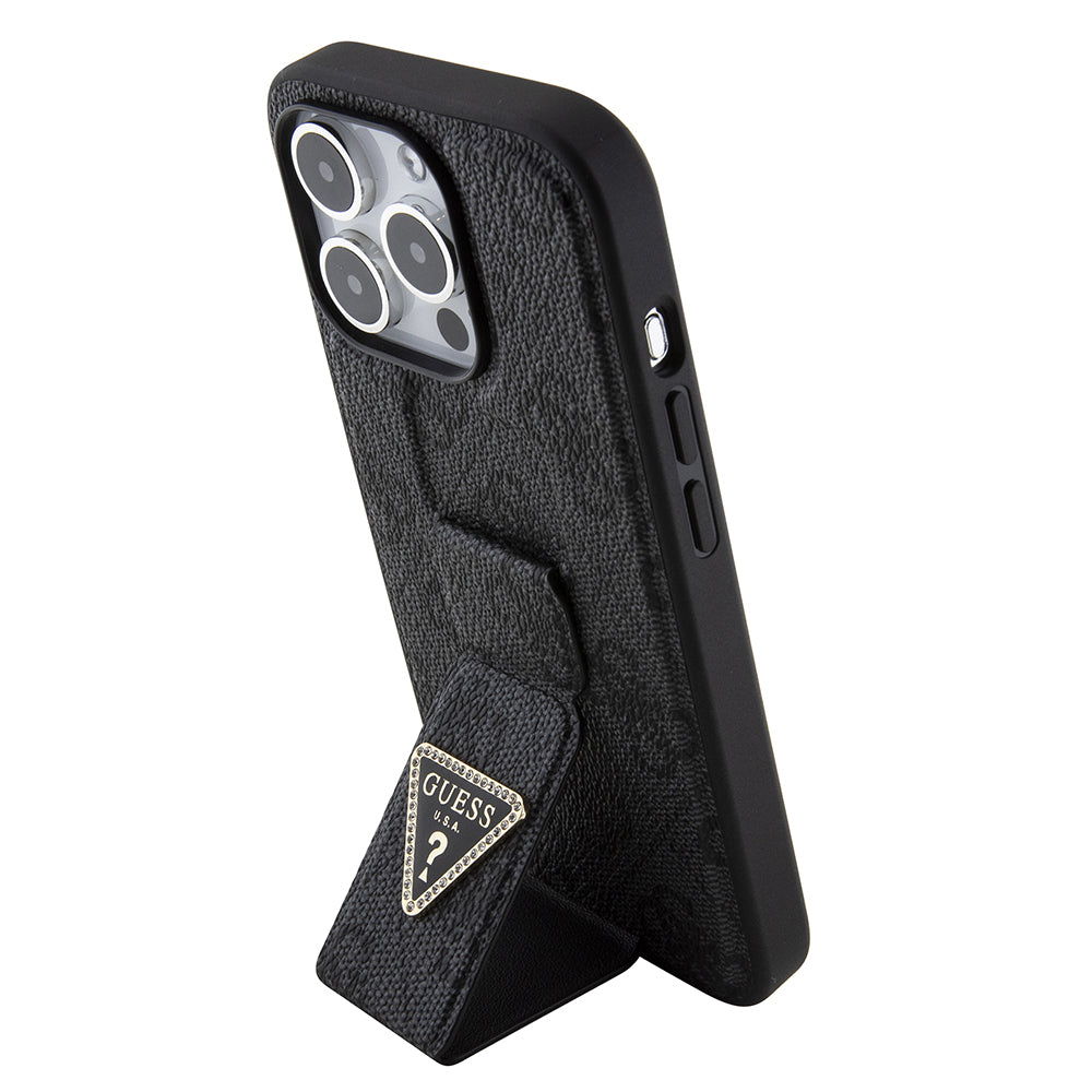 Ovitek za Apple iPhone 15 Pro, Guess, Grip Stand 4G Triangle Strass, črn