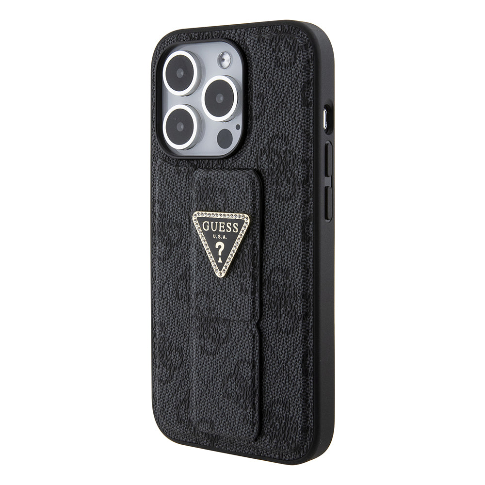 Ovitek za Apple iPhone 15 Pro, Guess, Grip Stand 4G Triangle Strass, črn