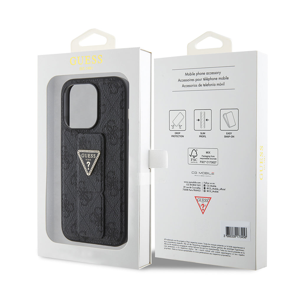 Ovitek za Apple iPhone 15 Pro, Guess, Grip Stand 4G Triangle Strass, črn