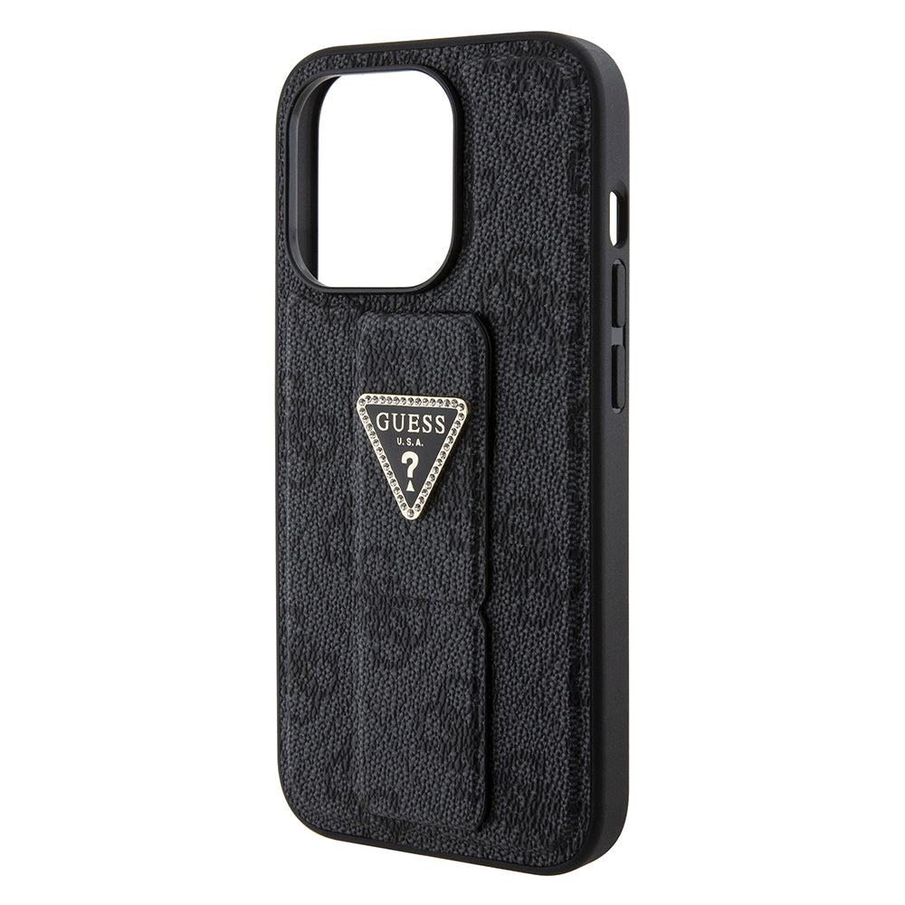 Ovitek za Apple iPhone 15 Pro, Guess, Grip Stand 4G Triangle Strass, črn