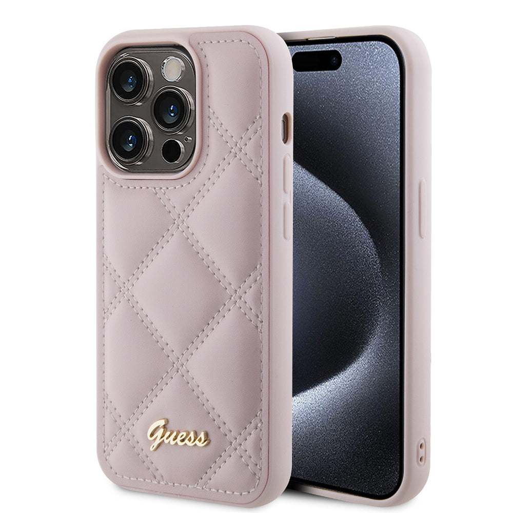 Ovitek za Apple iPhone 15 Pro, Guess, Quilted Metal Logo, Roza
