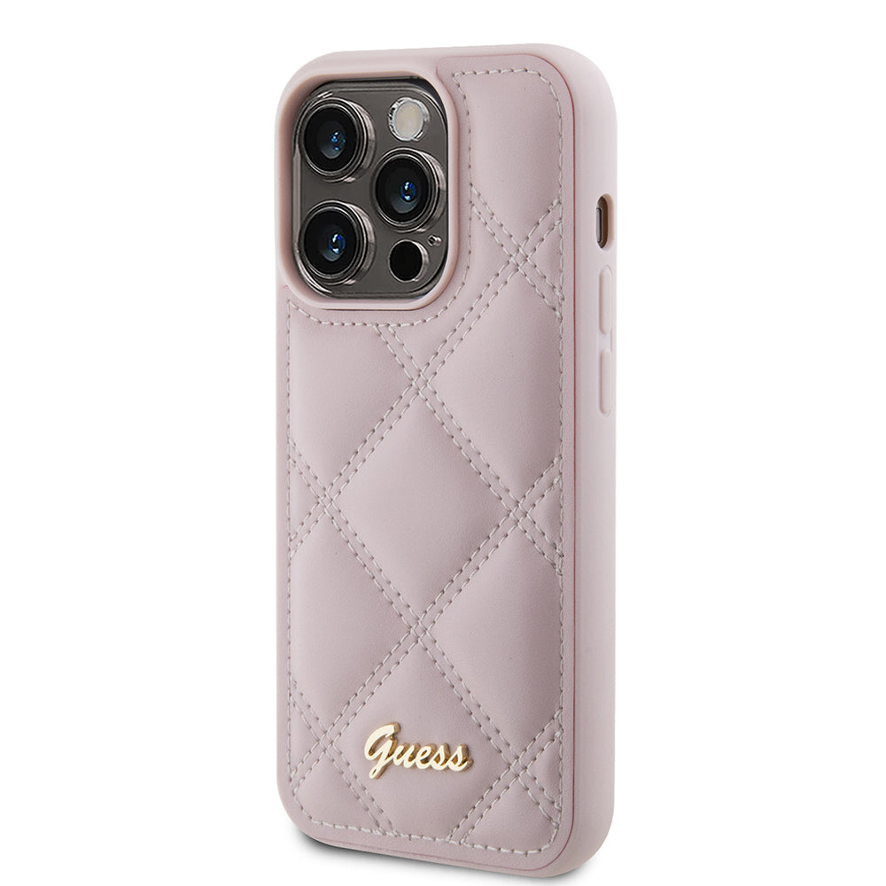 Ovitek za Apple iPhone 15 Pro, Guess, Quilted Metal Logo, Roza