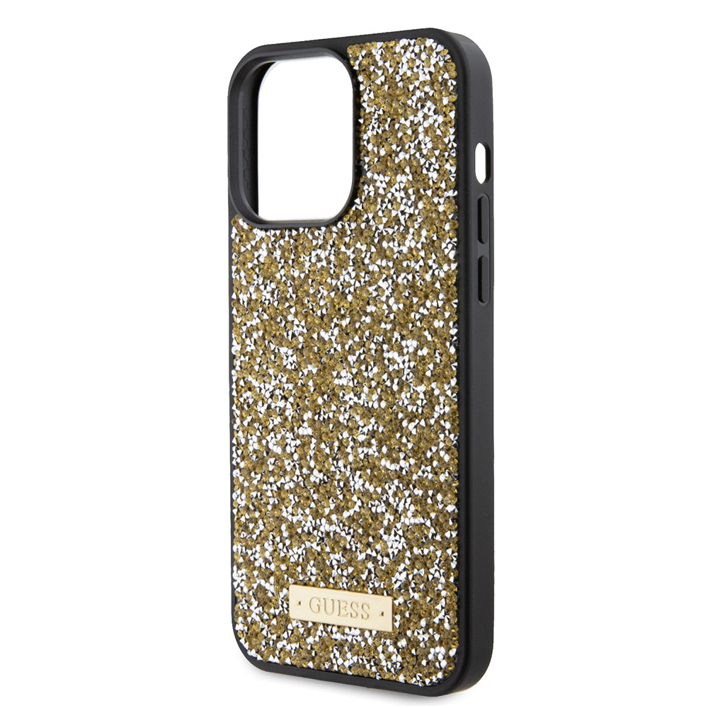 Ovitek za Apple iPhone 15 Pro, Guess, Rhinestone Metal Logo, Rumena