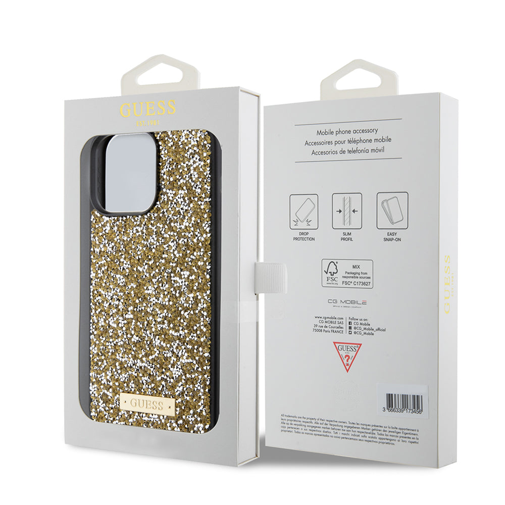 Ovitek za Apple iPhone 15 Pro, Guess, Rhinestone Metal Logo, Rumena
