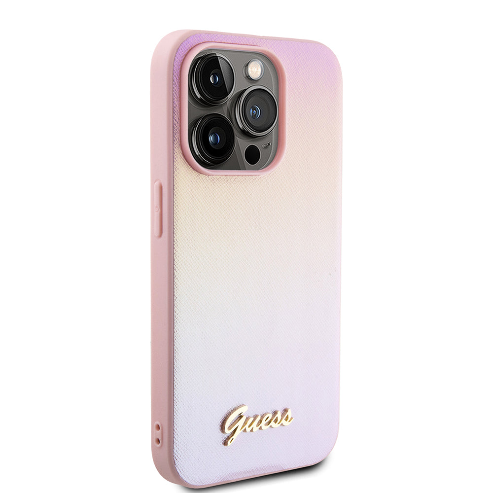 Ovitek za Apple iPhone 15 Pro, Guess, Saffiano Iridescent Script, Roza