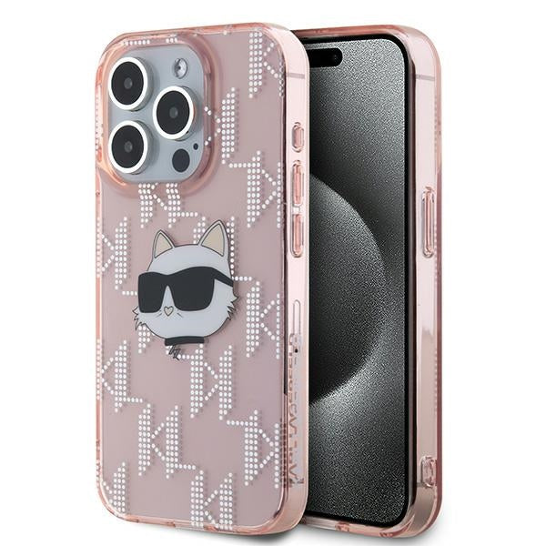 Ovitek za Apple iPhone 15 Pro, Karl Lagerfeld, IML Luxury Monogram Choupette's Head, Roza