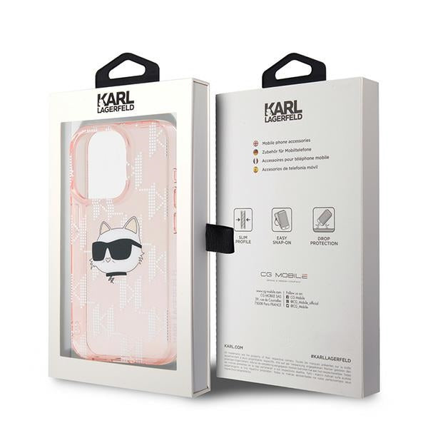 Ovitek za Apple iPhone 15 Pro, Karl Lagerfeld, IML Luxury Monogram Choupette's Head, Roza