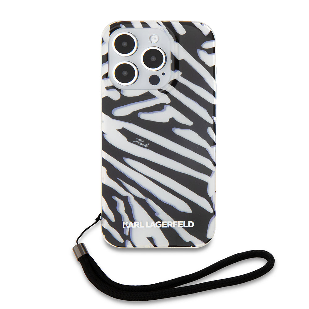 Ovitek za Apple iPhone 15 Pro, Karl Lagerfeld, IML Luxury Zebra Pattern with Strap, Črna