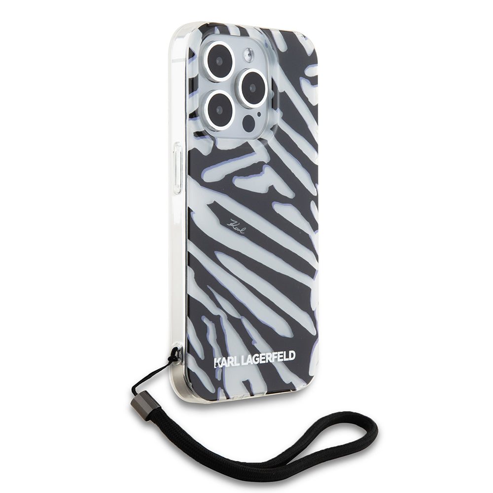 Ovitek za Apple iPhone 15 Pro, Karl Lagerfeld, IML Luxury Zebra Pattern with Strap, Črna