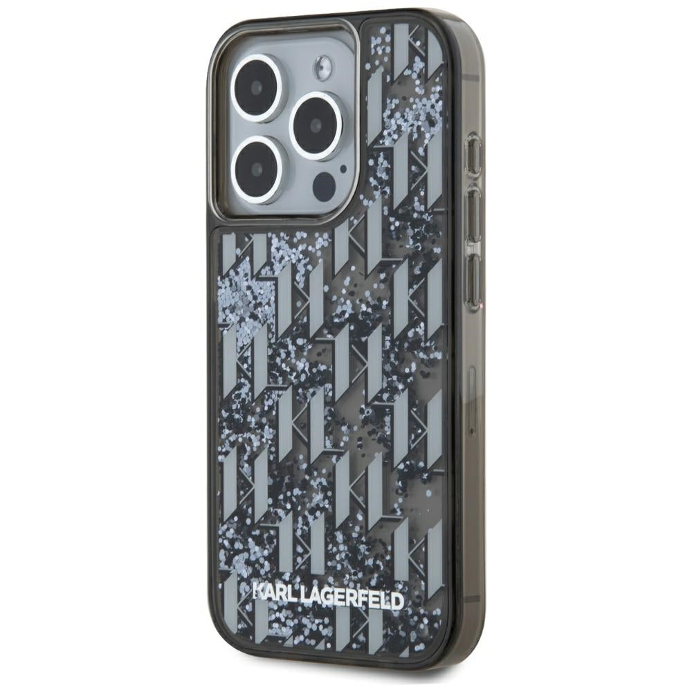 Ovitek za Apple iPhone 15 Pro, Karl Lagerfeld, Liquid Glitter Monogram, Črn