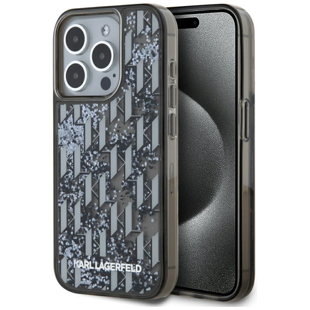 Ovitek za Apple iPhone 15 Pro, Karl Lagerfeld, Liquid Glitter Monogram, Črn